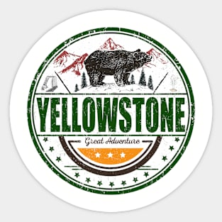 Yellowstone the Great Adventure round design with a bear, geyser, and waterfall Sticker